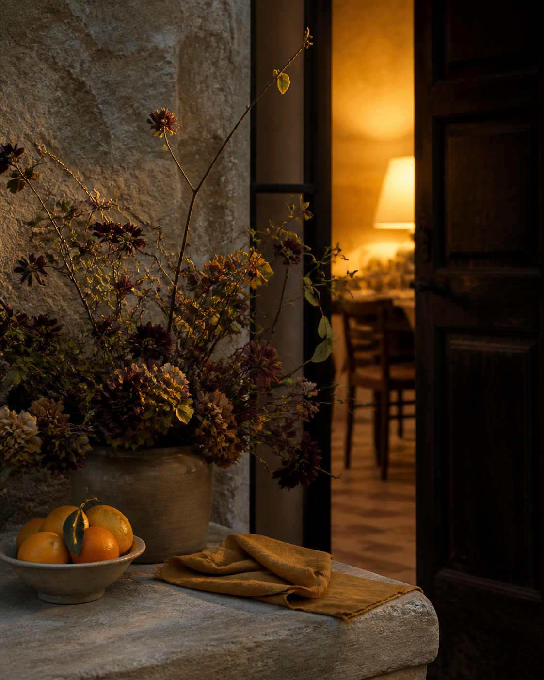 Citrus, flowers and linen at a warmly lit threshold